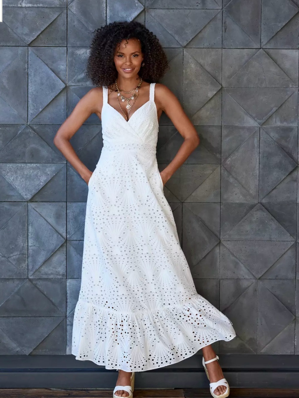 NWT Boston Proper Women’s White Eyelet Maxi Dress with Ruffle Hem and Pockets